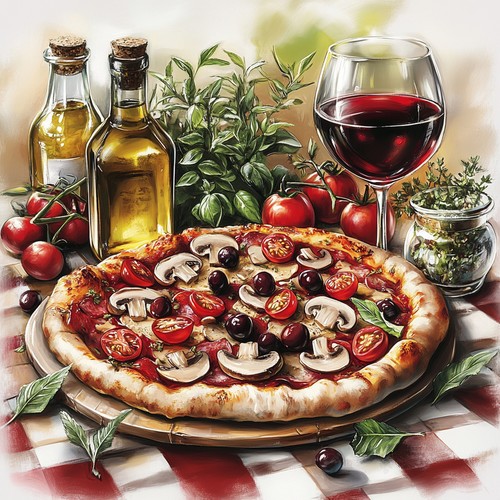 Wandbild küche pizza wein - pizza,