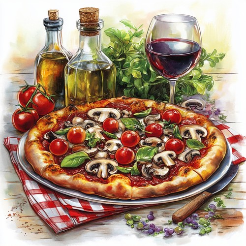 Wandbild küche pizza wein - wandbild,